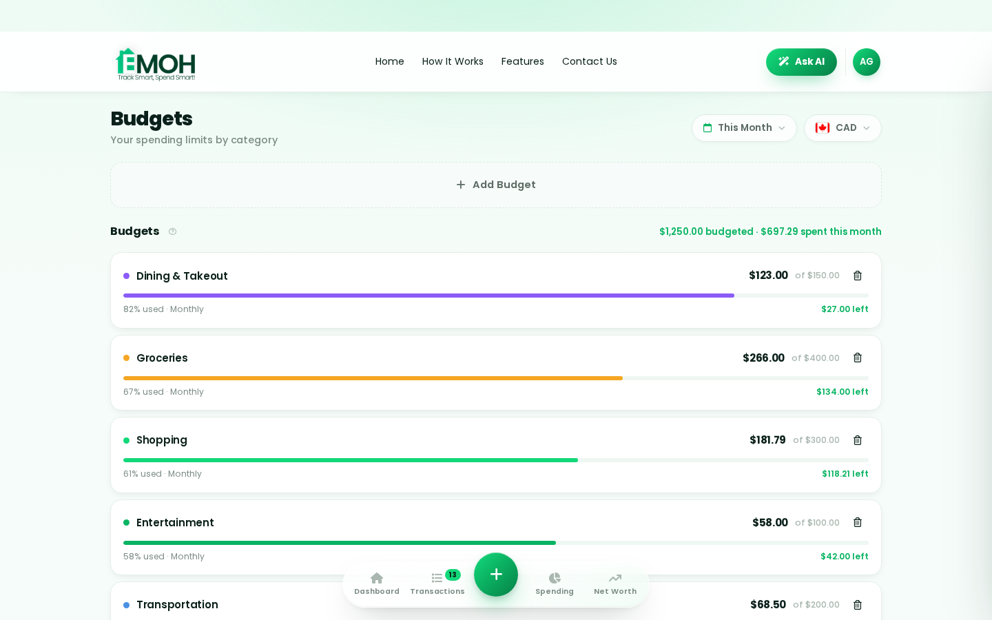 EMOH Pay budgets screen