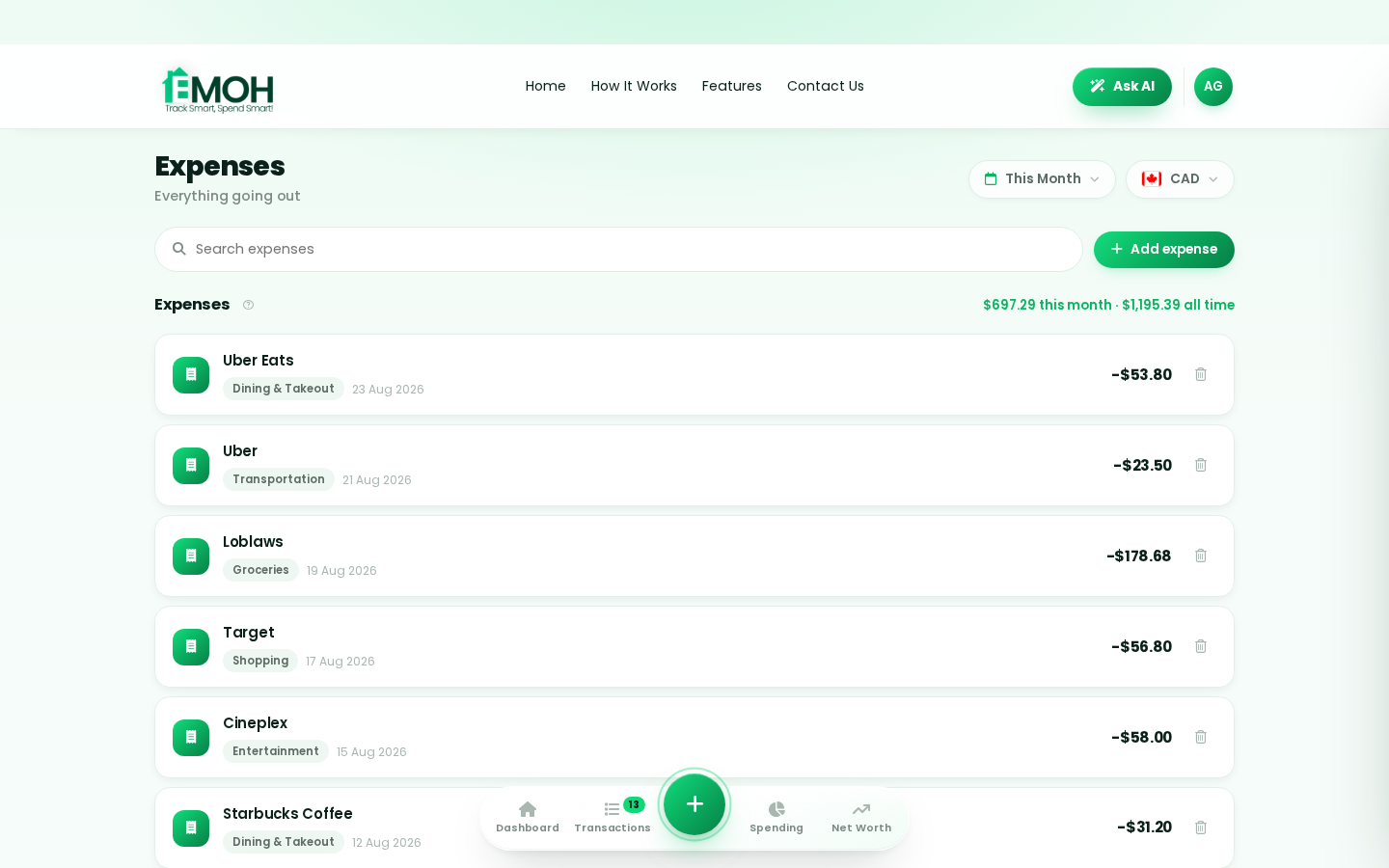 Expense tracking in EMOH Pay — web app for everyday budgeting