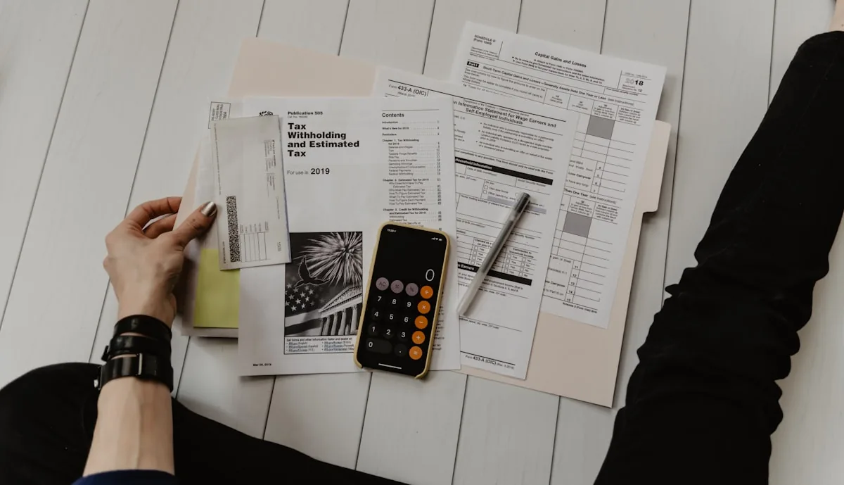 Bills, a calculator and a phone on a desk