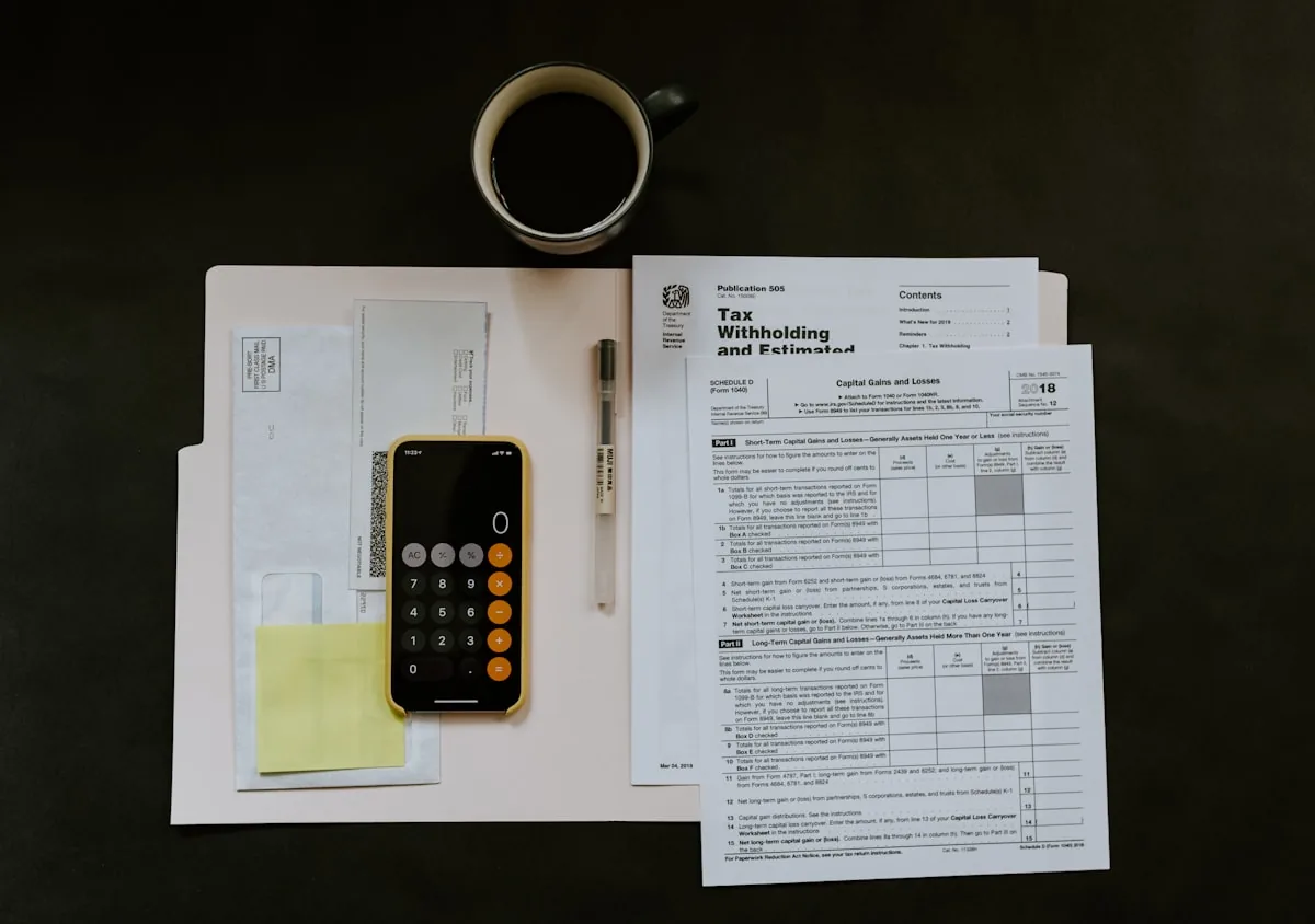 Tax forms, a calculator and a coffee on a desk