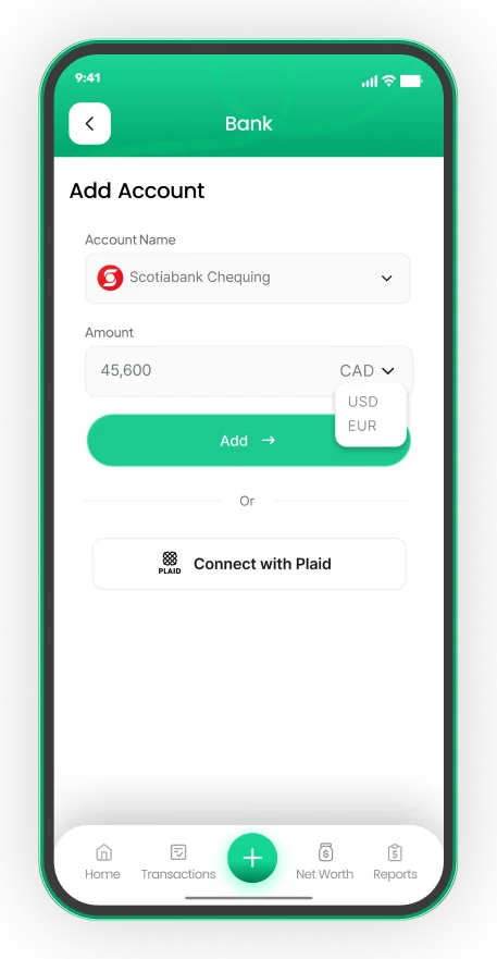 EMOH Pay add account screen with Connect with Plaid
