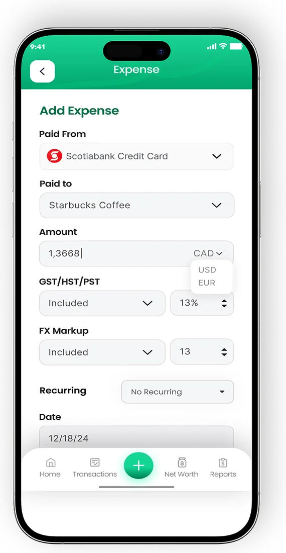 EMOH Pay add expense with currency, GST/HST and FX markup