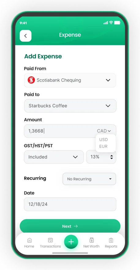 EMOH Pay add expense screen with GST/HST and recurring options