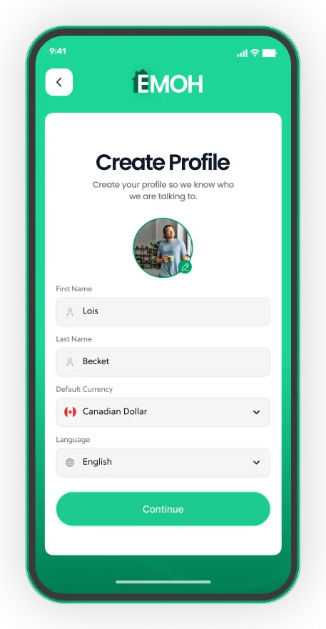 EMOH Pay create profile screen with default currency
