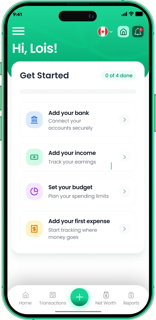 EMOH Pay get started cards: add bank, income, budget and first expense