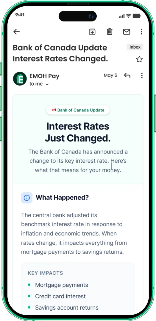 EMOH Pay email update on a Bank of Canada interest rate change
