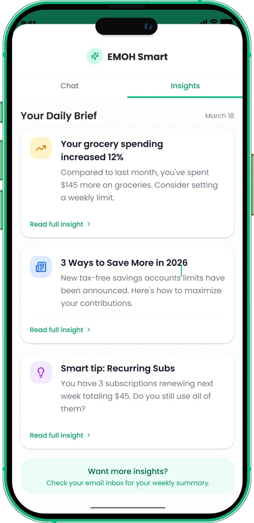 EMOH Pay Smart daily brief with spending insights