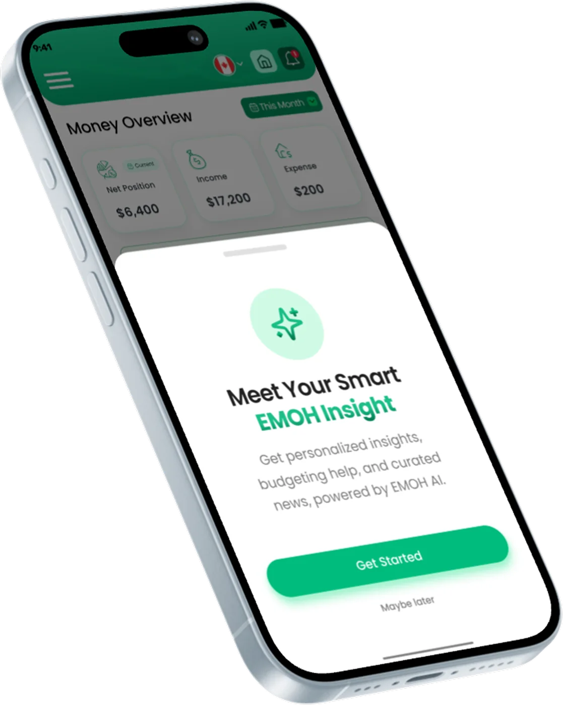 EMOH Pay Smart insights welcome screen on an iPhone