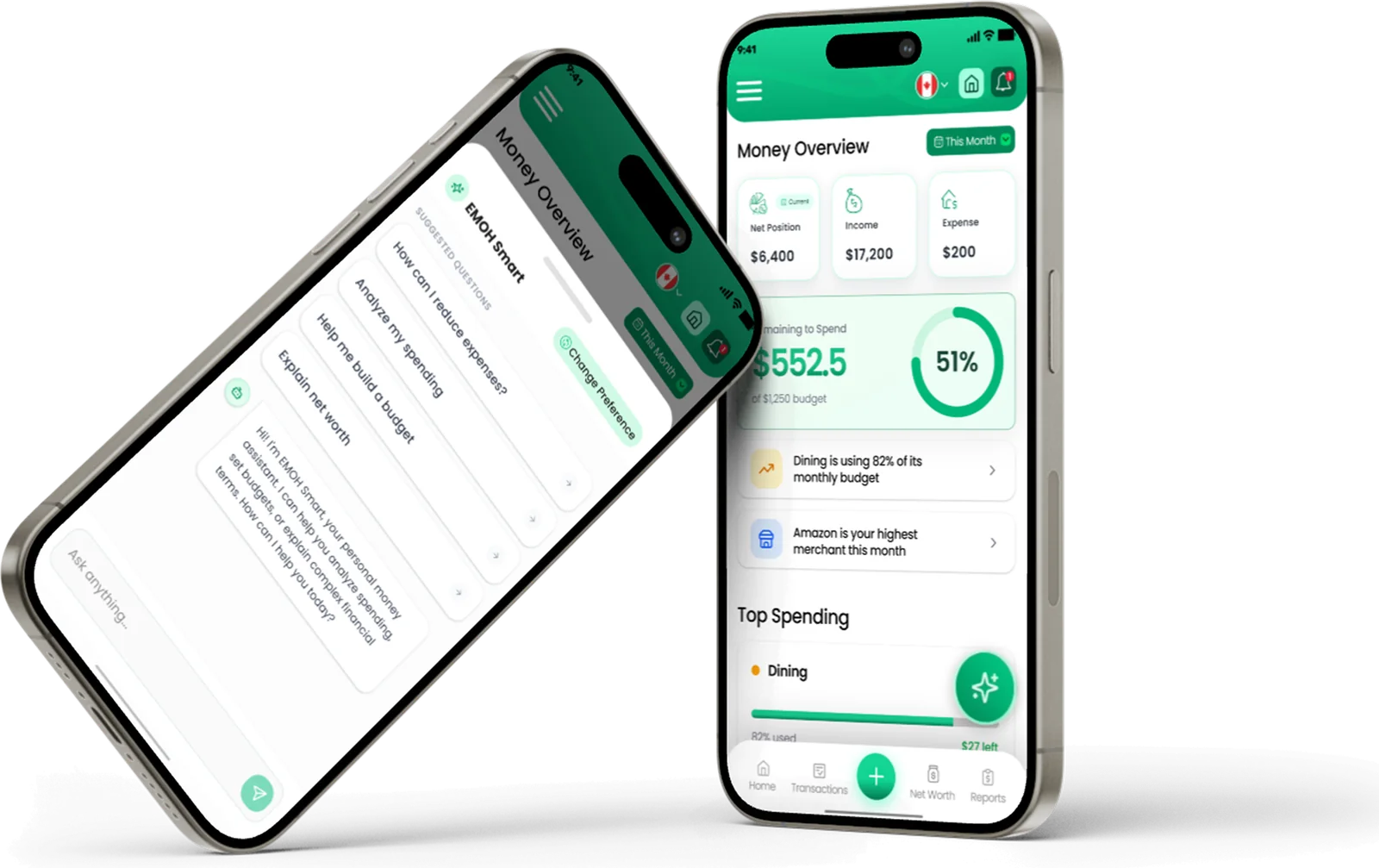 Two iPhones showing EMOH Pay transactions and money overview