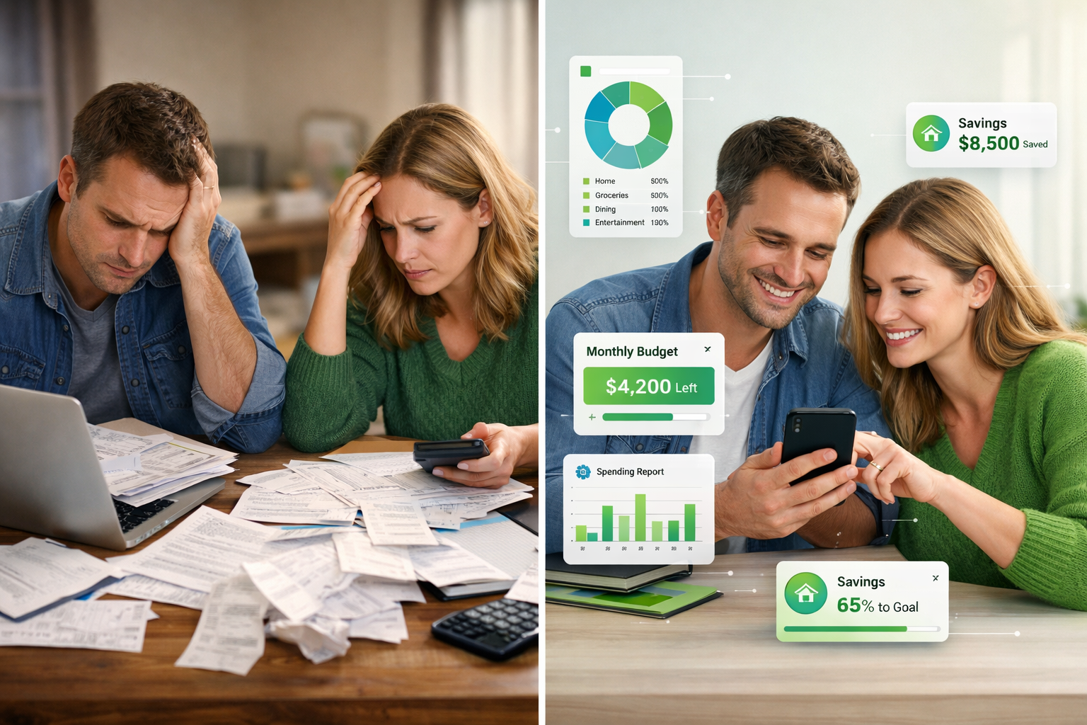 image shows the comparison of family using traditional way of budget tracking and modern way through best budgeting app for family