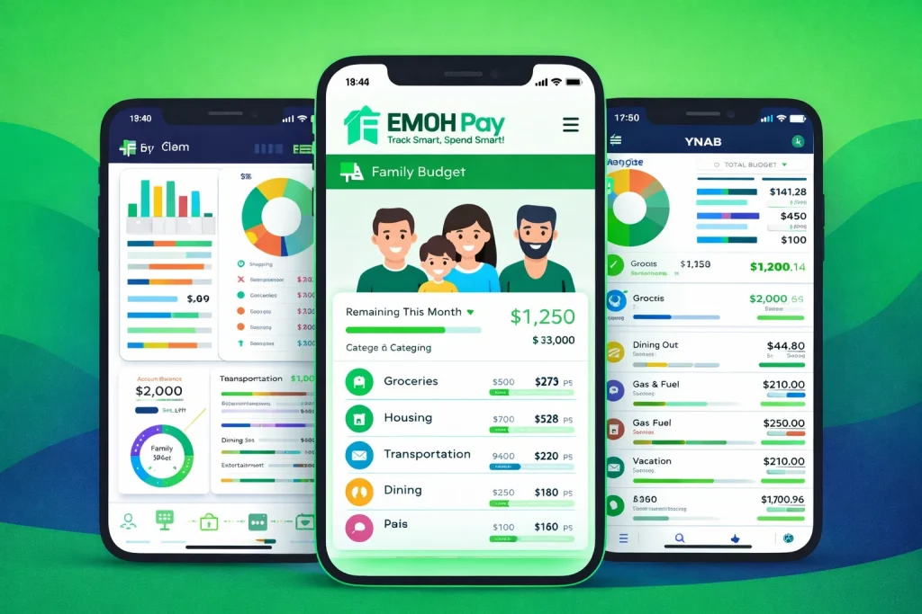 mobile screens showing comparison between emoh pay vs mint vs ynab