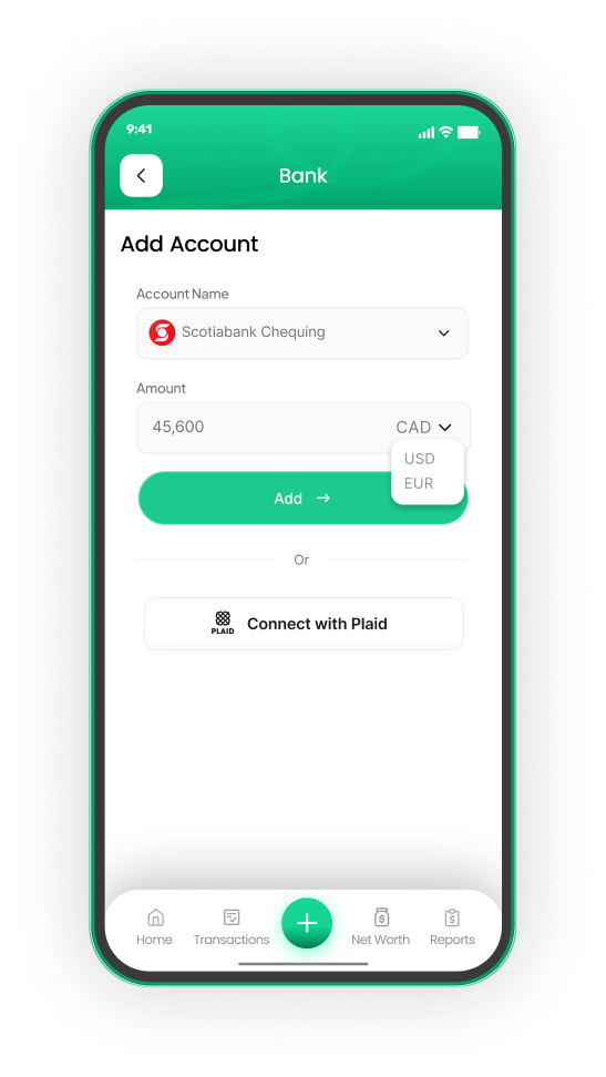 EMOH Pay add account screen connecting a Canadian bank through Plaid