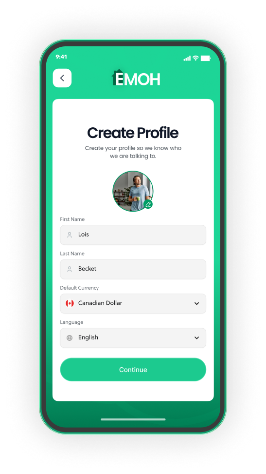 EMOH Pay profile setup with default currency and language selection