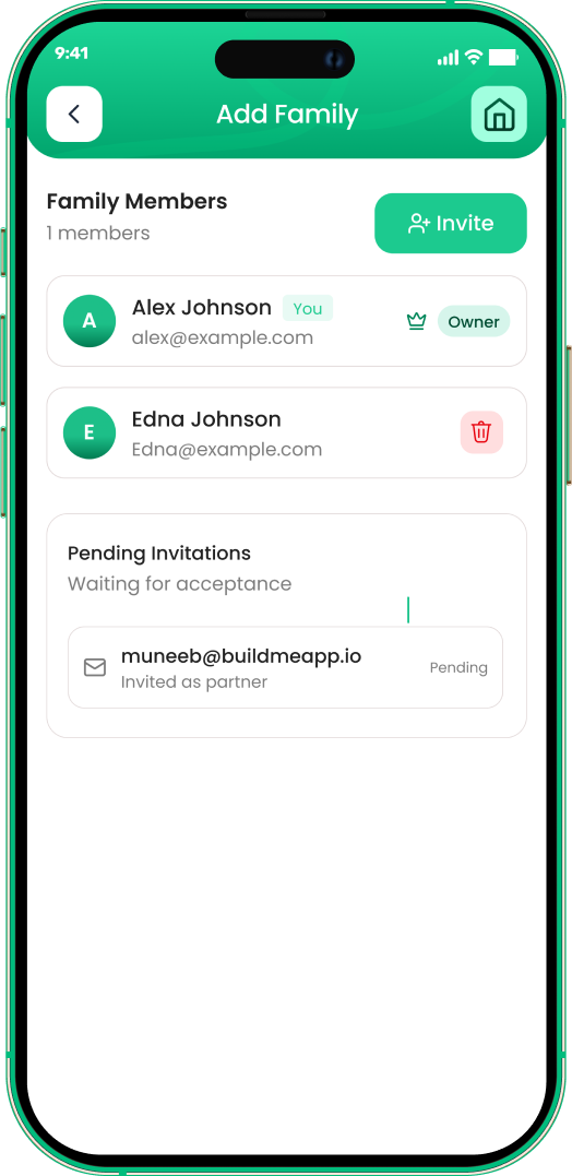 EMOH Pay family sharing screen inviting family members to manage money together
