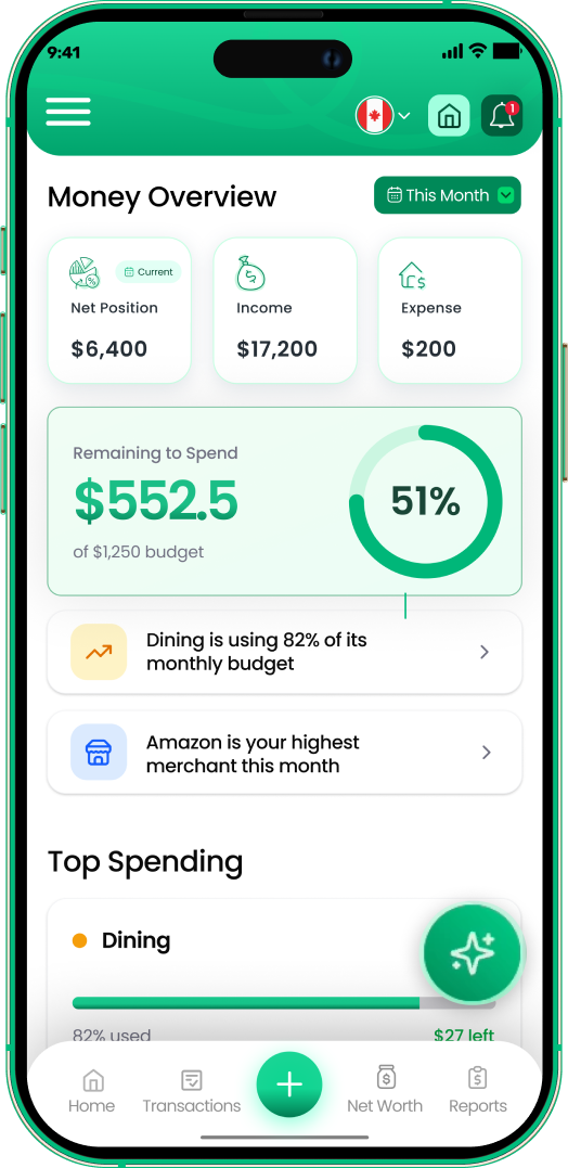 EMOH Pay money overview dashboard with net position, income and remaining to spend